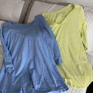 Chico's Light Yellow and Blue V-Neck Tops